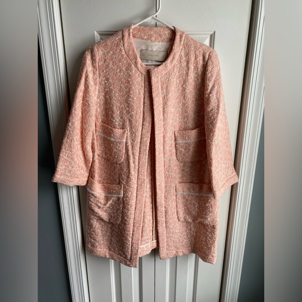 Zara Basic Womens Pink and White Textured Long Blazer Jacket Size Medium